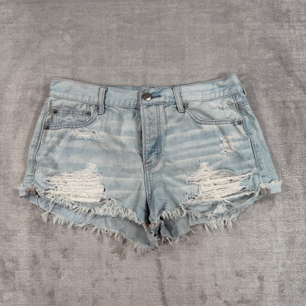 American Eagle Shorts Women 10 Blue Light Wash Distressed Frayed Cutoff Festival